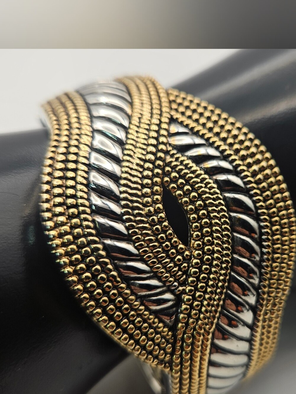 Two Tone Woven Hinged Bangle Bracelet Wide Textured Silver Gold Tone Statement